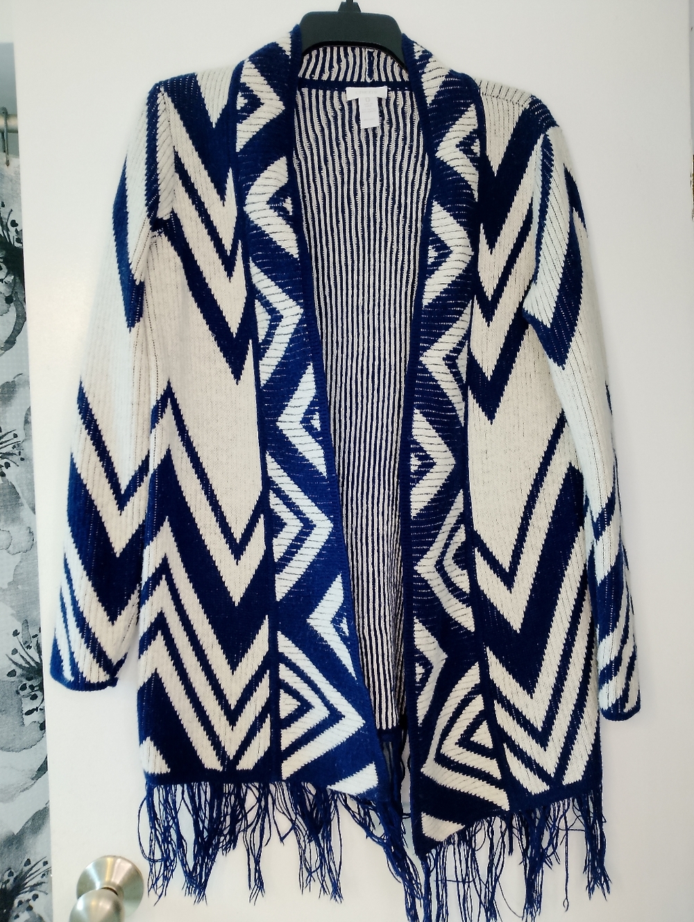Chico's Navy and Cream Chevron Fringe Cardigan